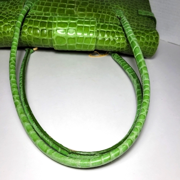 Genuine Leather Green Croc Embossed Handbag Shoulder Bag Satchel Vintage - Picture 15 of 16